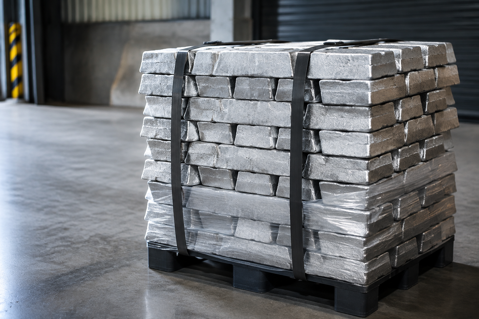 Export-ready refined tin ingot bundle secured with two straps