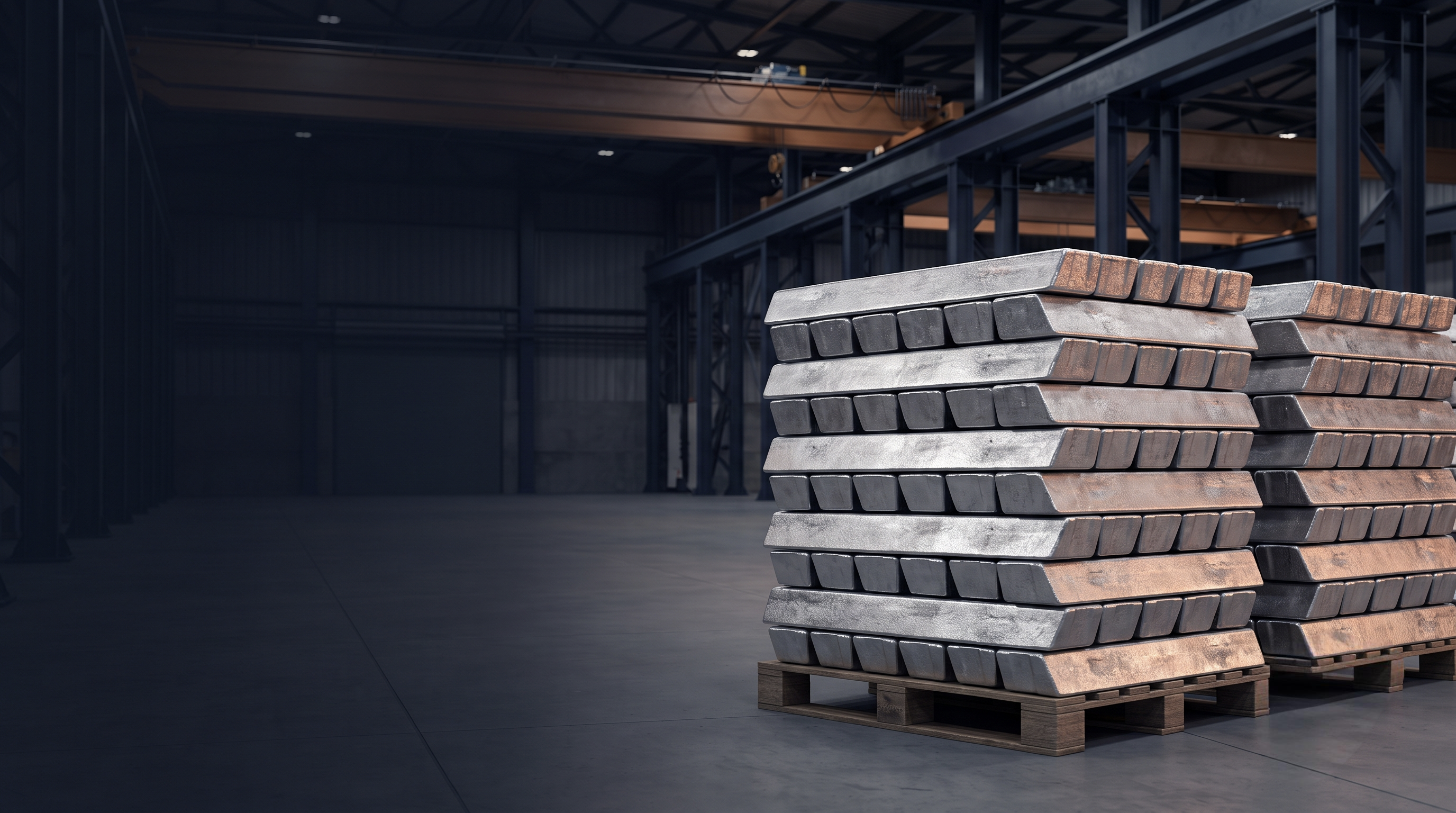 Stacks of aluminium alloy ingots in an industrial warehouse