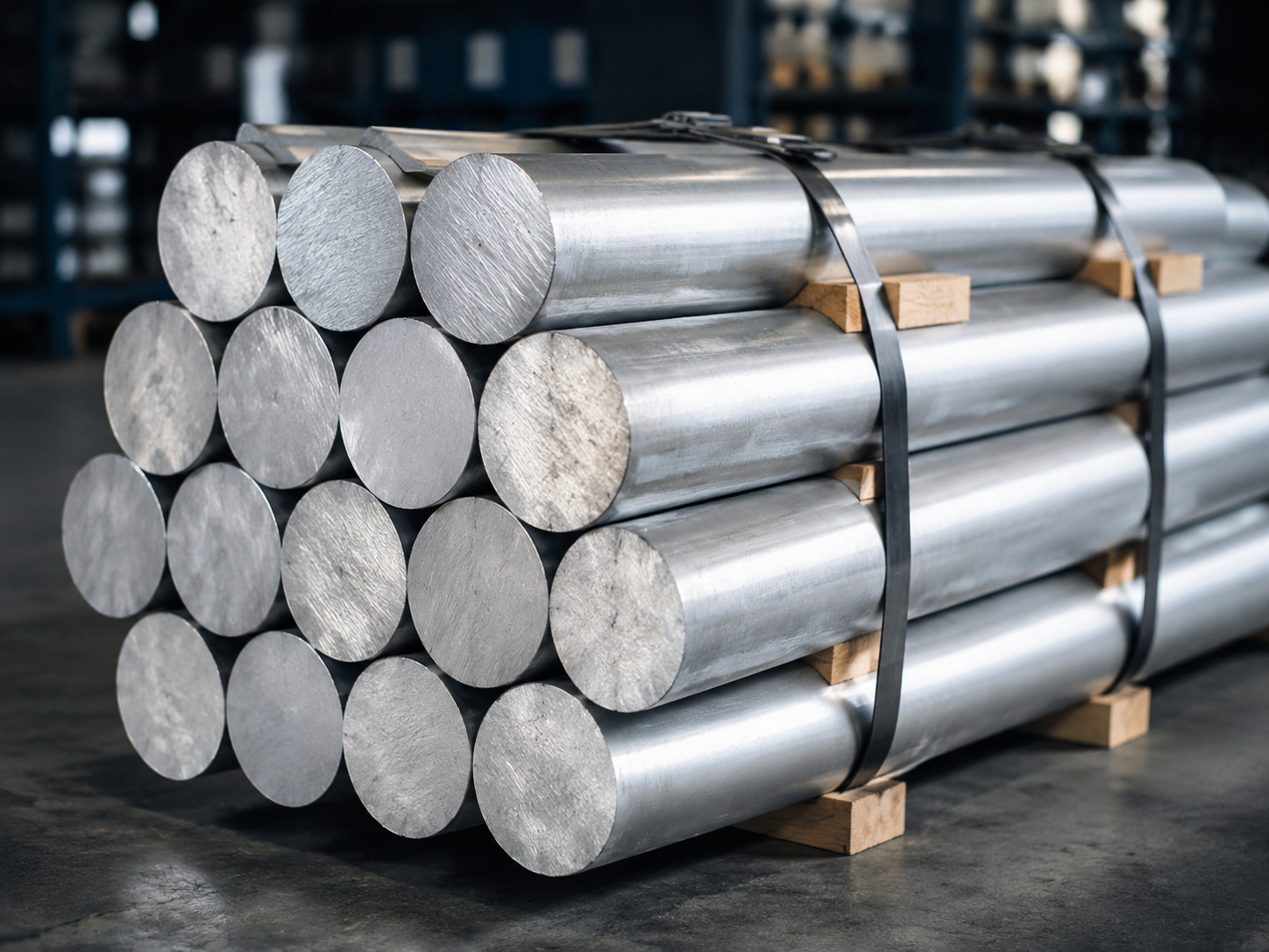 Bundled aluminium extrusion billets in an industrial warehouse