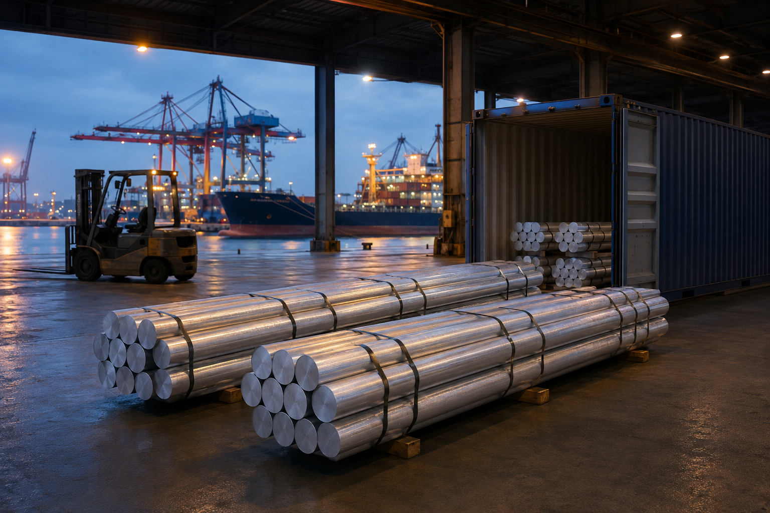 Aluminium billet bundles prepared for international shipping