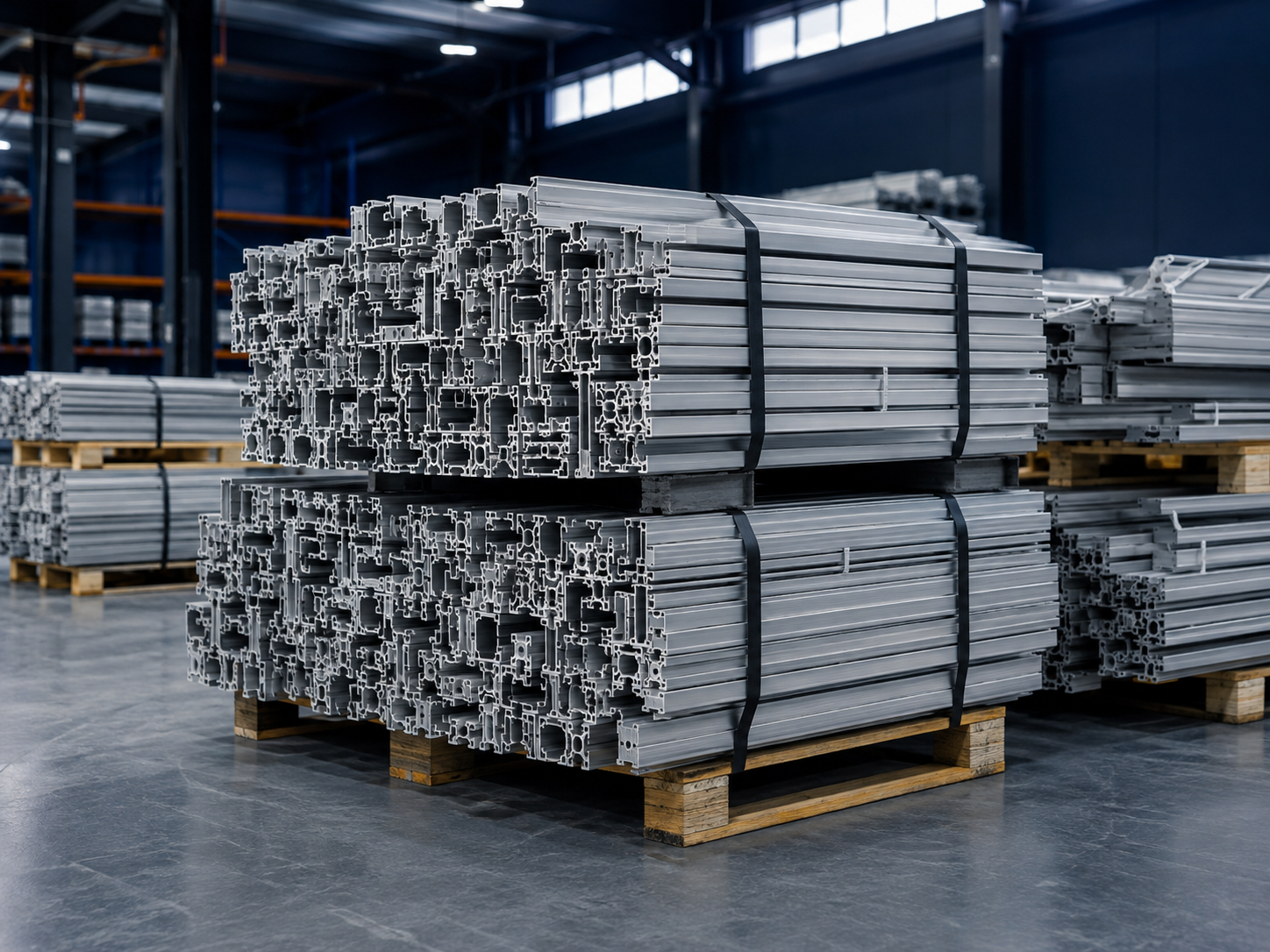 Bundled aluminium 6063 extrusion profile scrap in an industrial warehouse