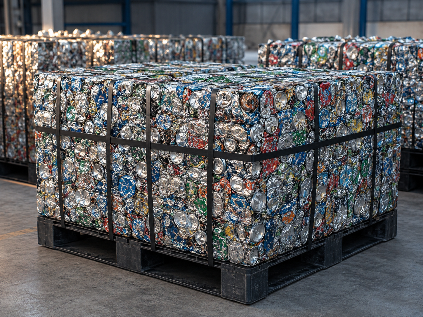 Baled aluminium used beverage can scrap in an industrial warehouse