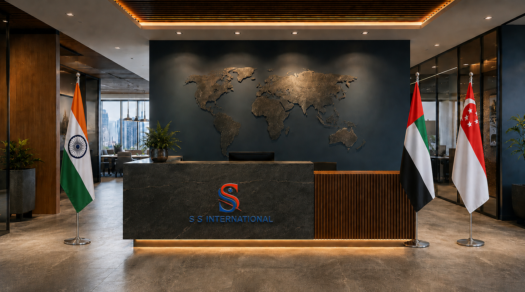 Digital global reception experience for S S International with India, UAE and Singapore flags