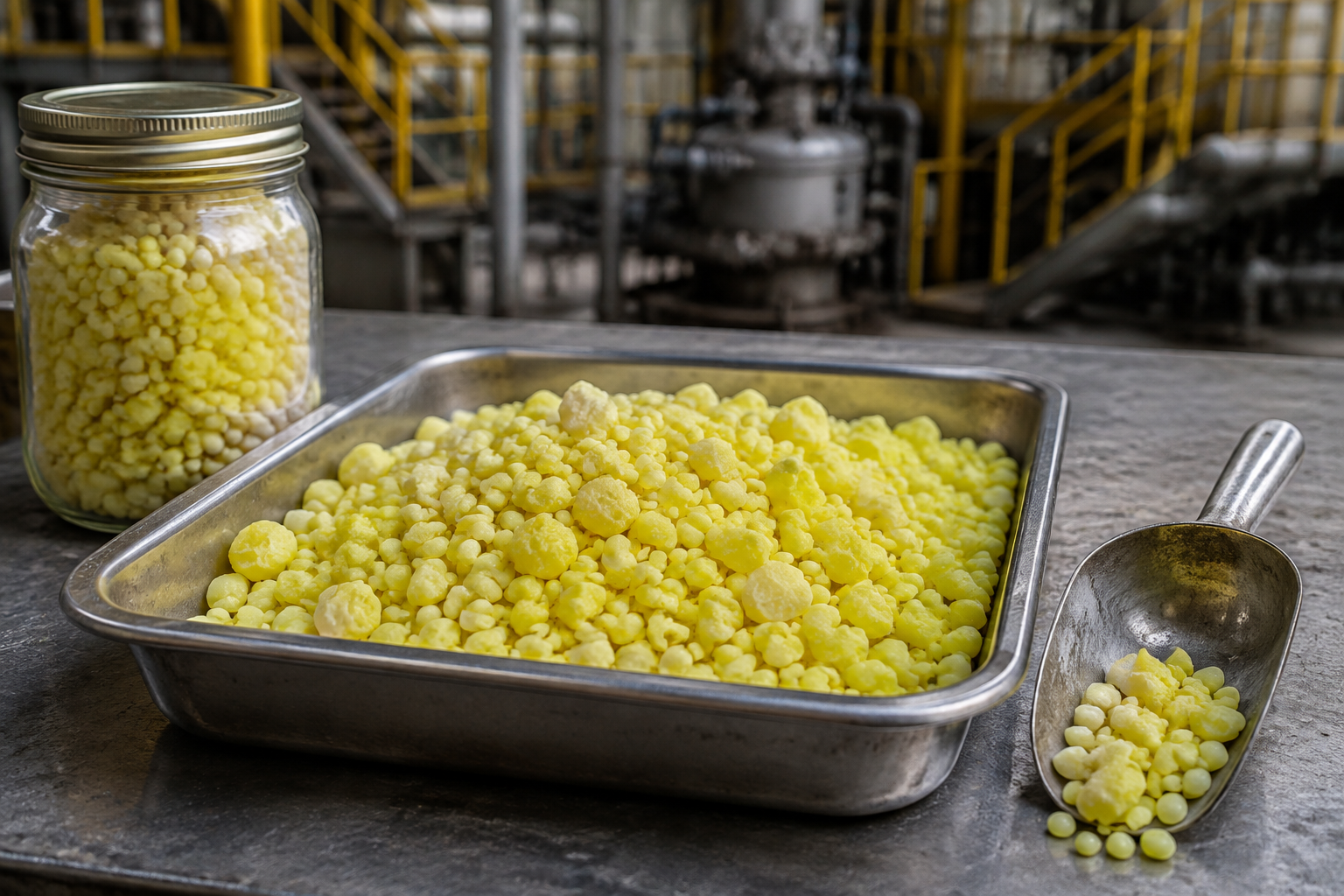 Industrial elemental sulphur granules prepared for material inspection