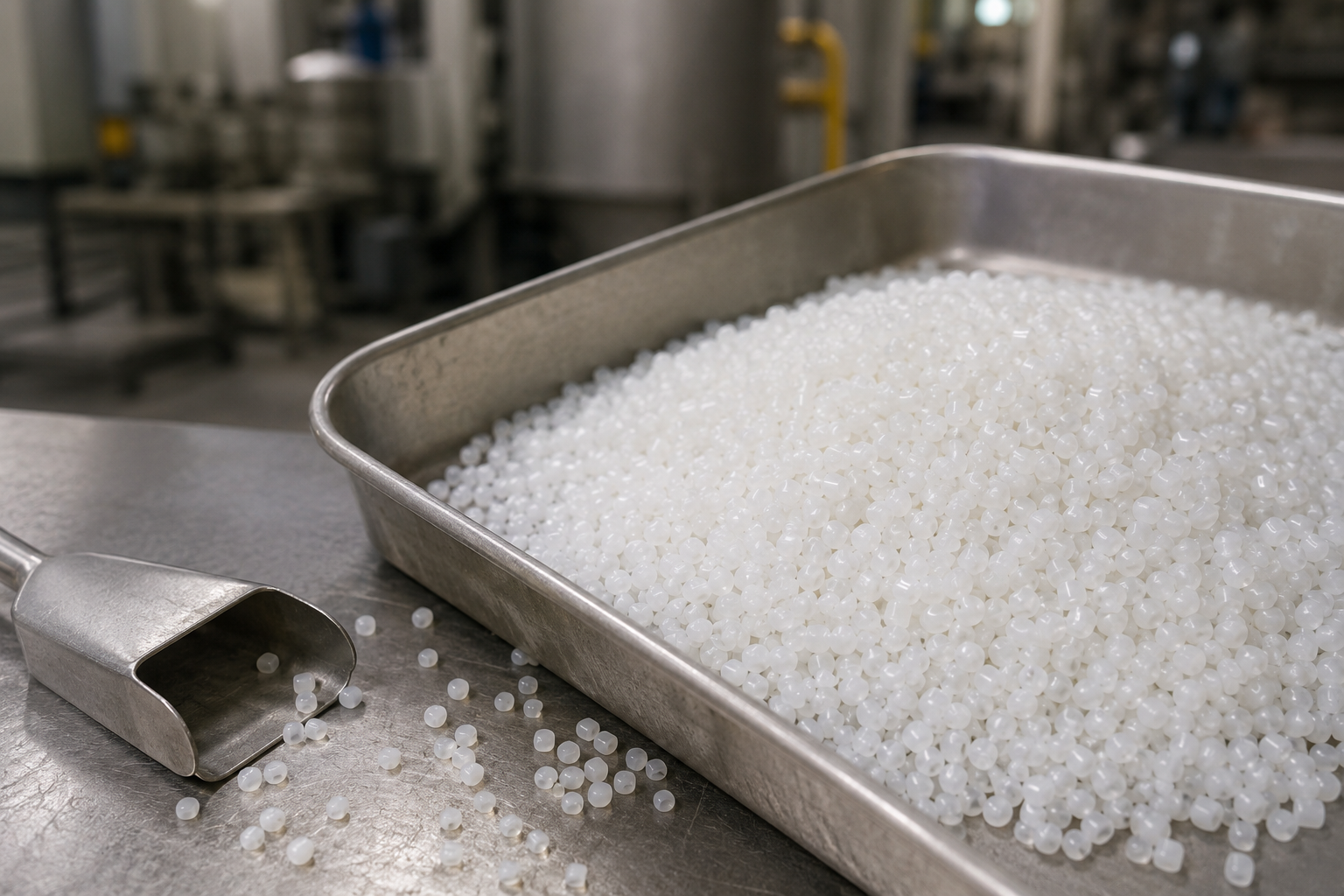 Natural polypropylene chips prepared for material inspection