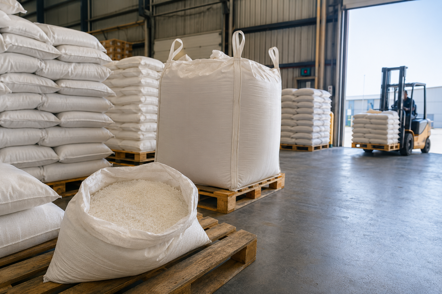Polypropylene chips packed in bags and bulk packaging for dispatch