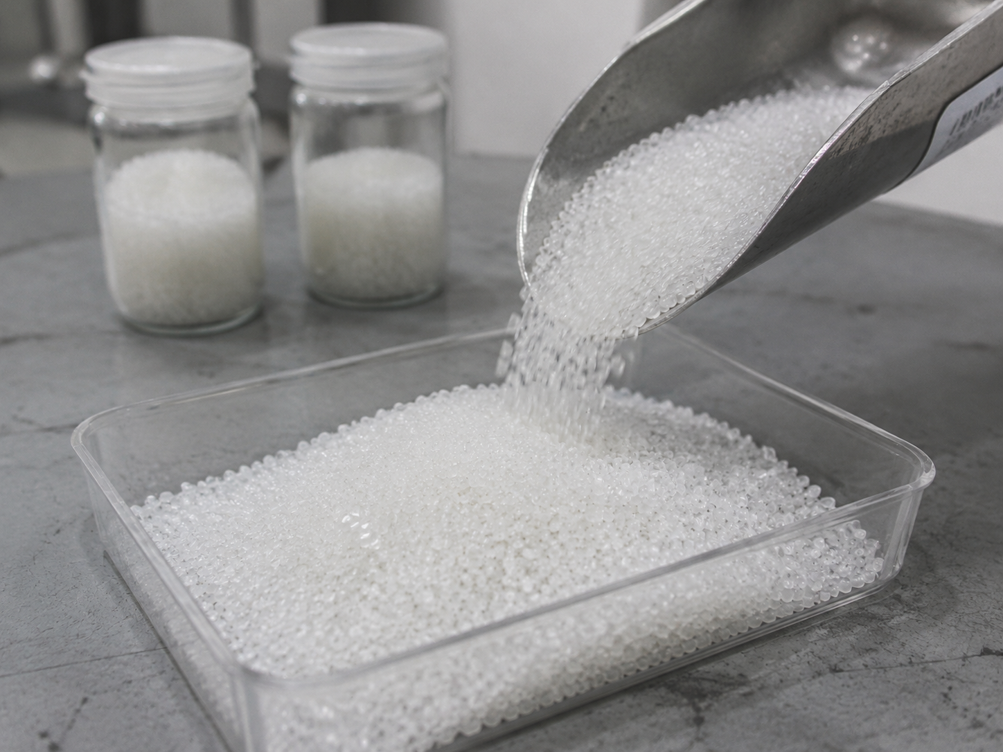 Natural polypropylene granules being prepared for material inspection