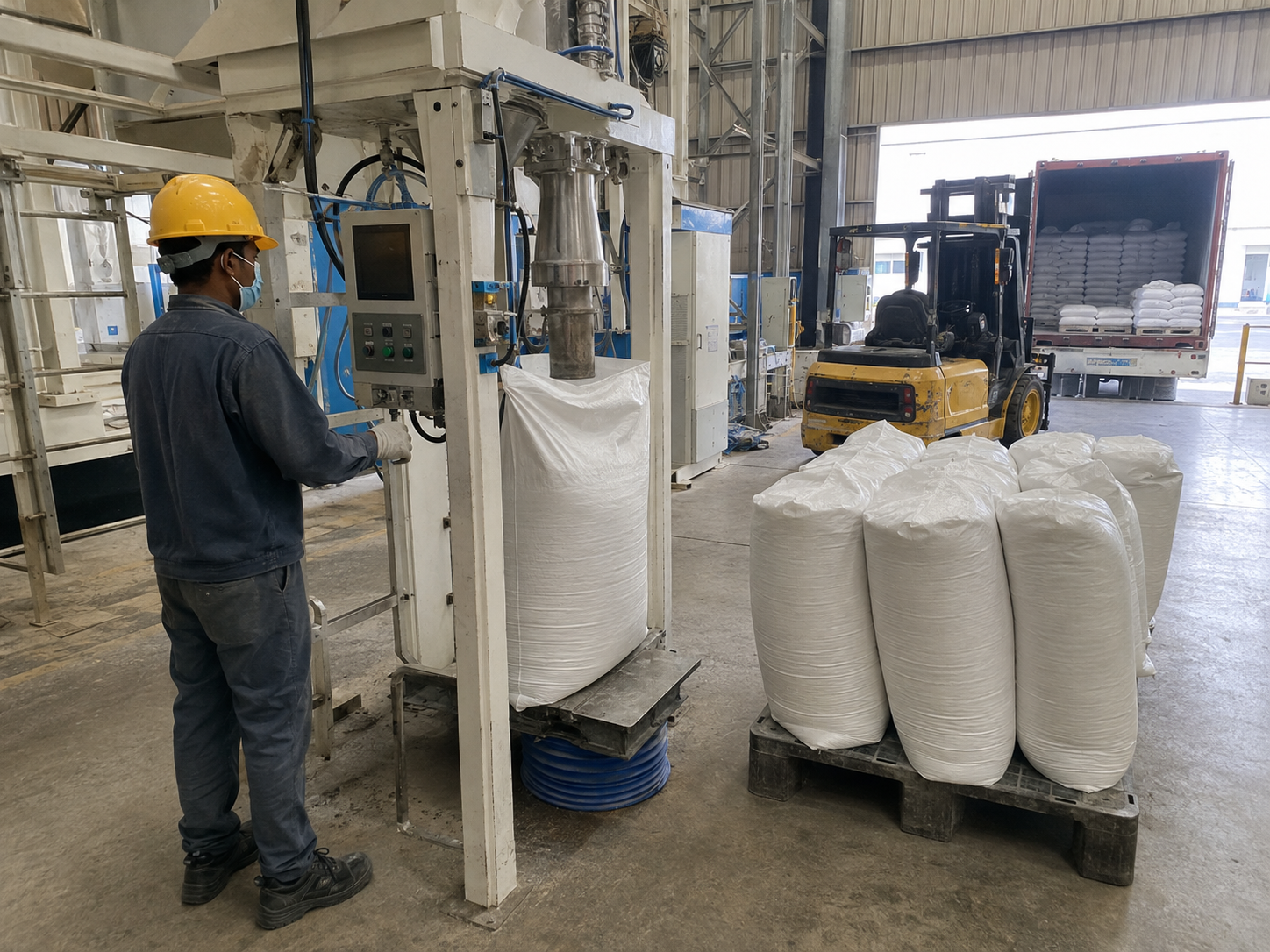 Polypropylene granules being packed in industrial bulk bags for dispatch