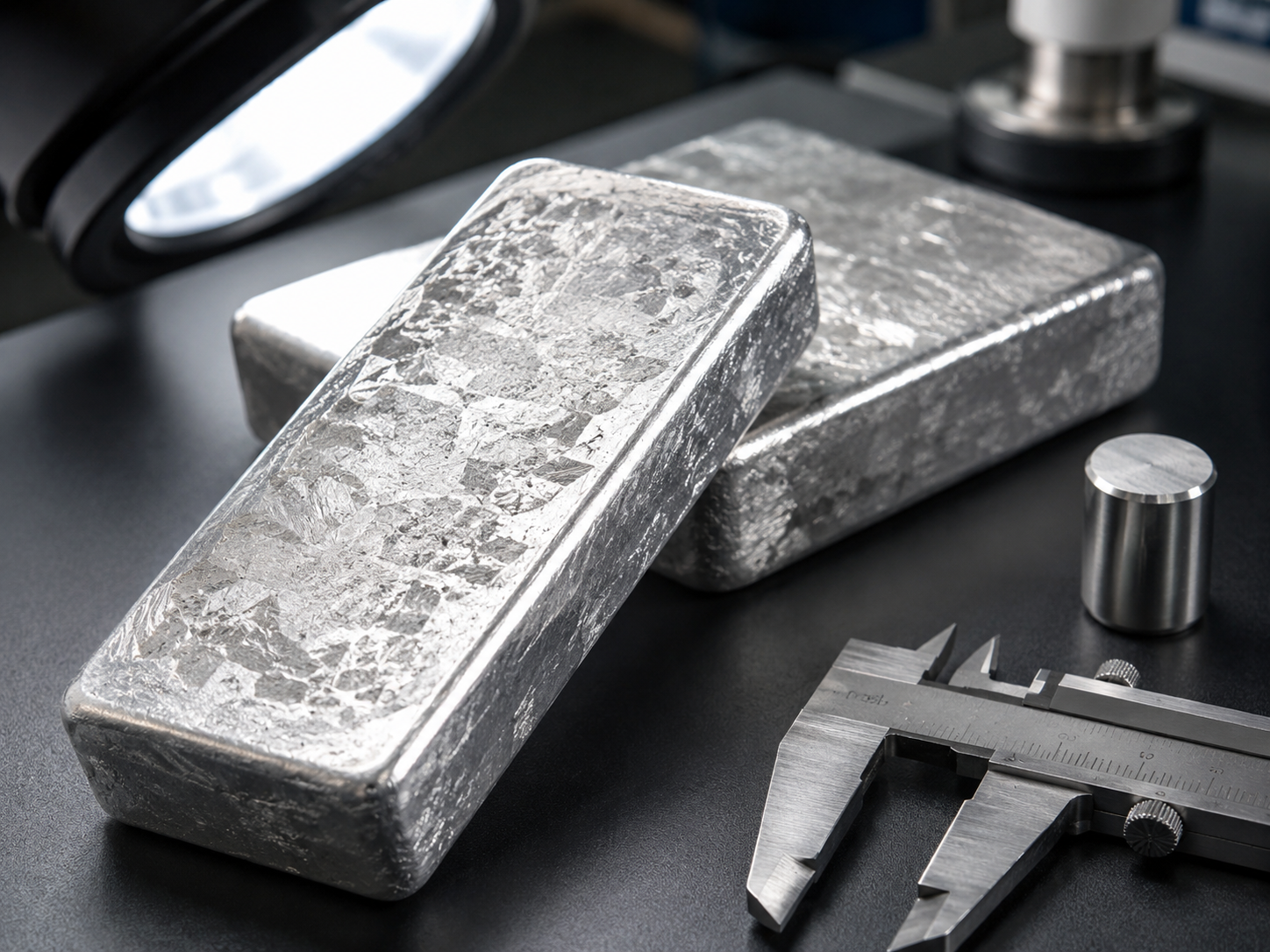 Primary refined tin ingots undergoing dimensional and quality inspection