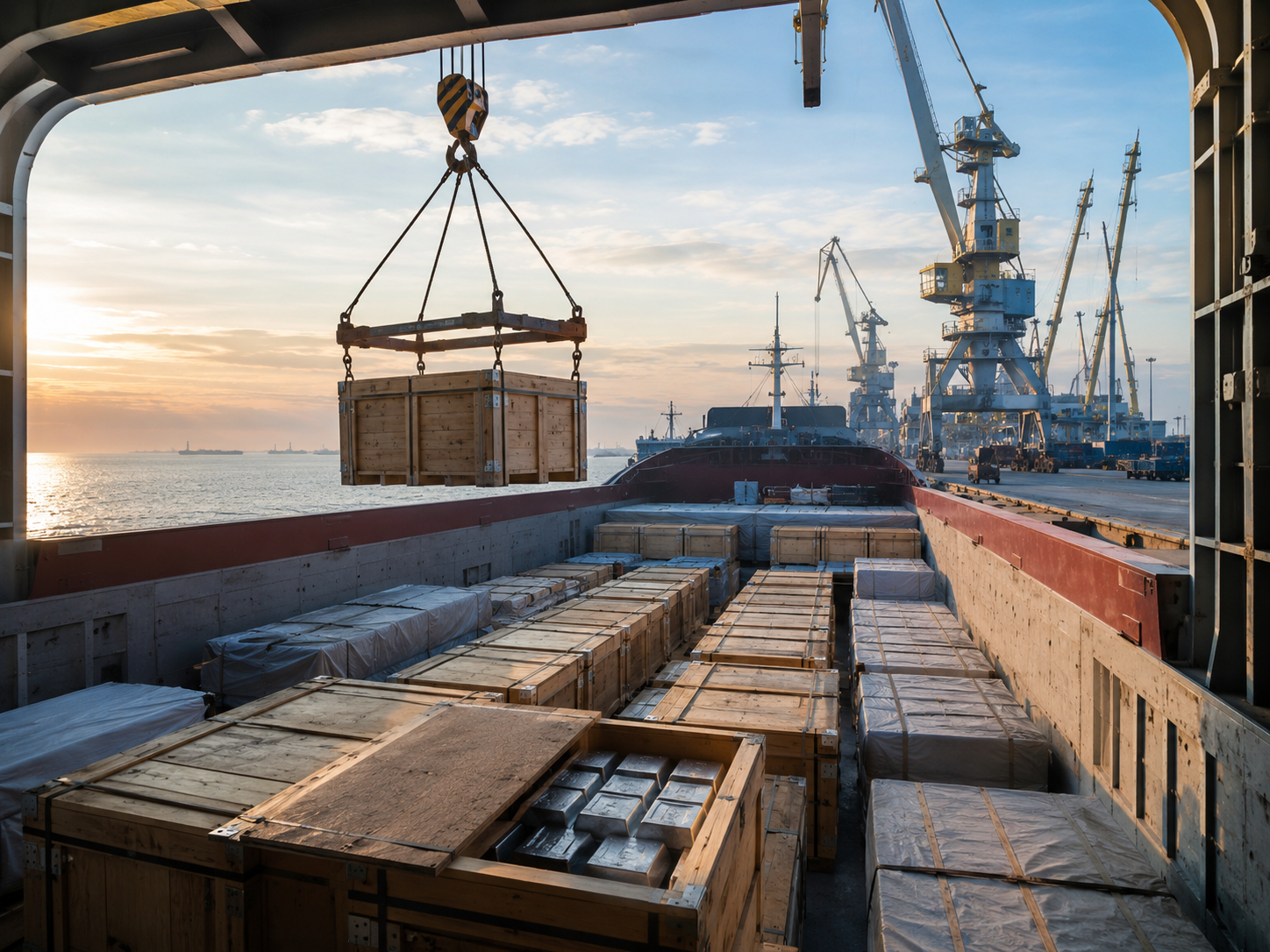 Export cargo of primary refined tin prepared for international shipment