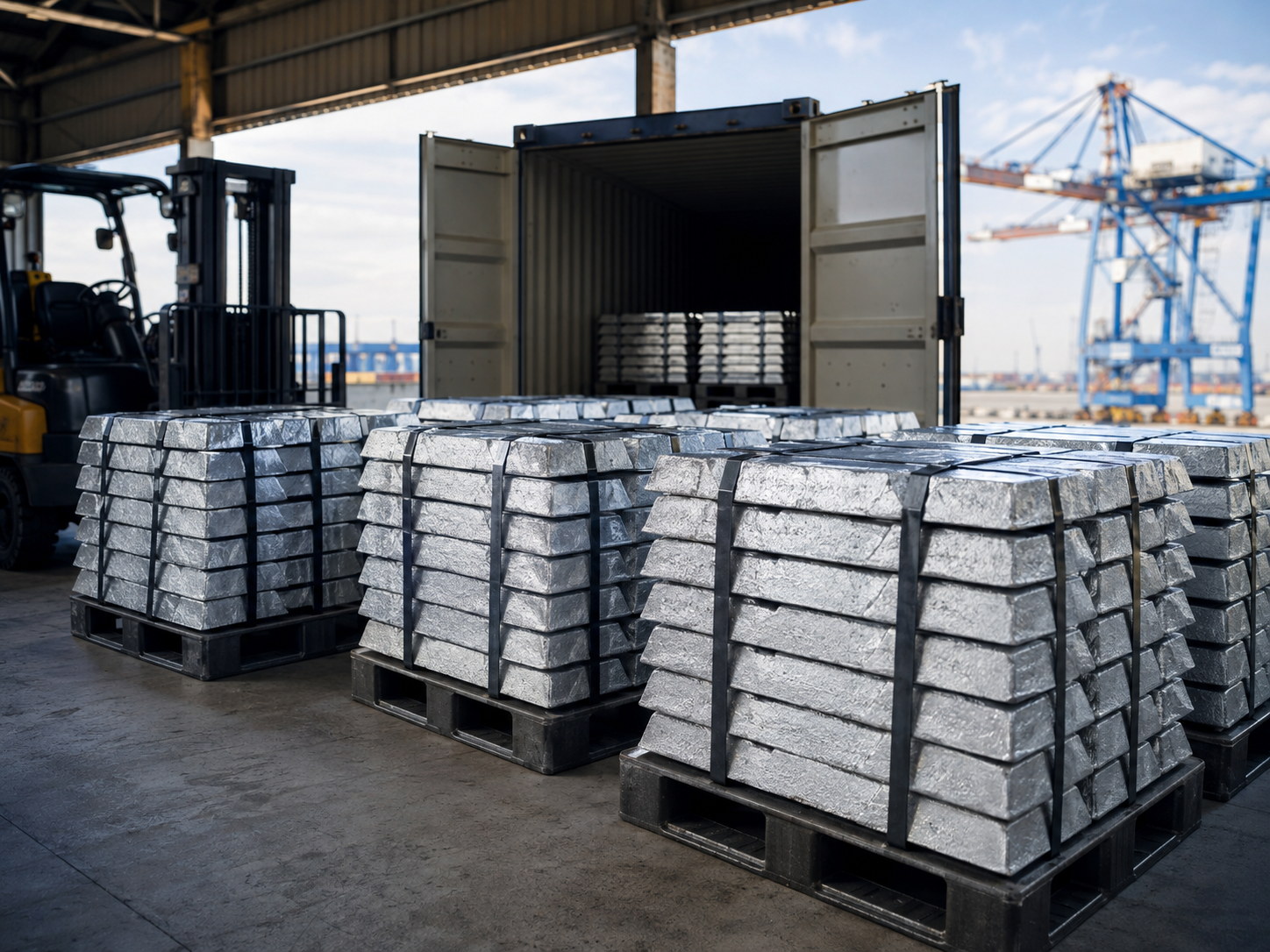Primary zinc ingot bundles prepared for container loading