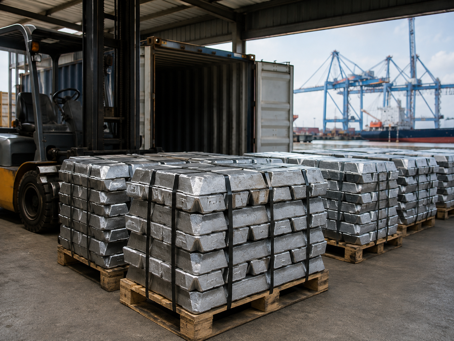 Zinc alloy ingot bundles prepared for export shipment