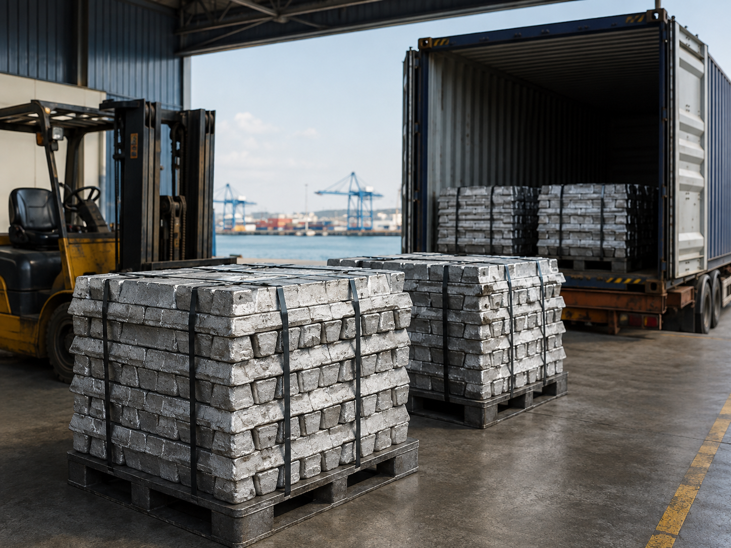 Secondary zinc ingot bundles prepared for container shipment