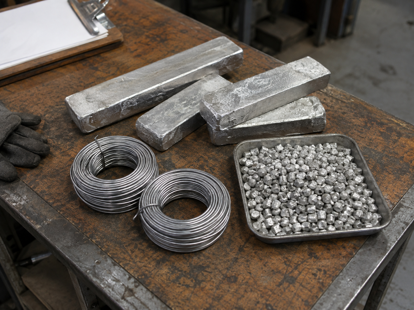 Tin alloy bars, solder wire and alloy pellets prepared for comparison