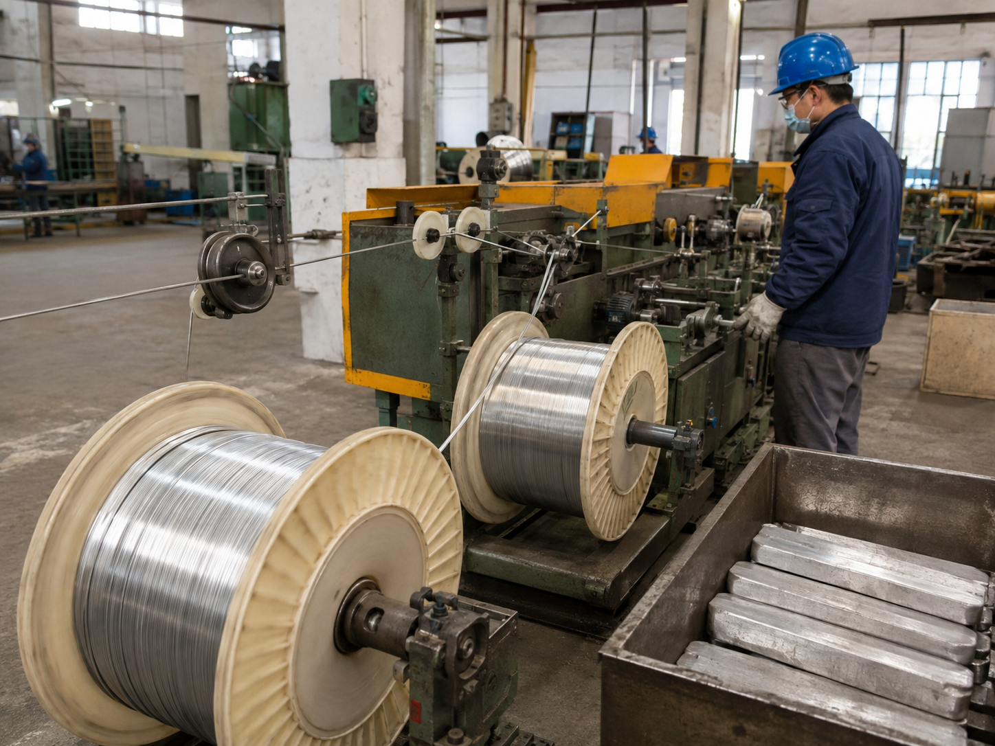 Tin alloy solder wire being produced on an industrial winding line